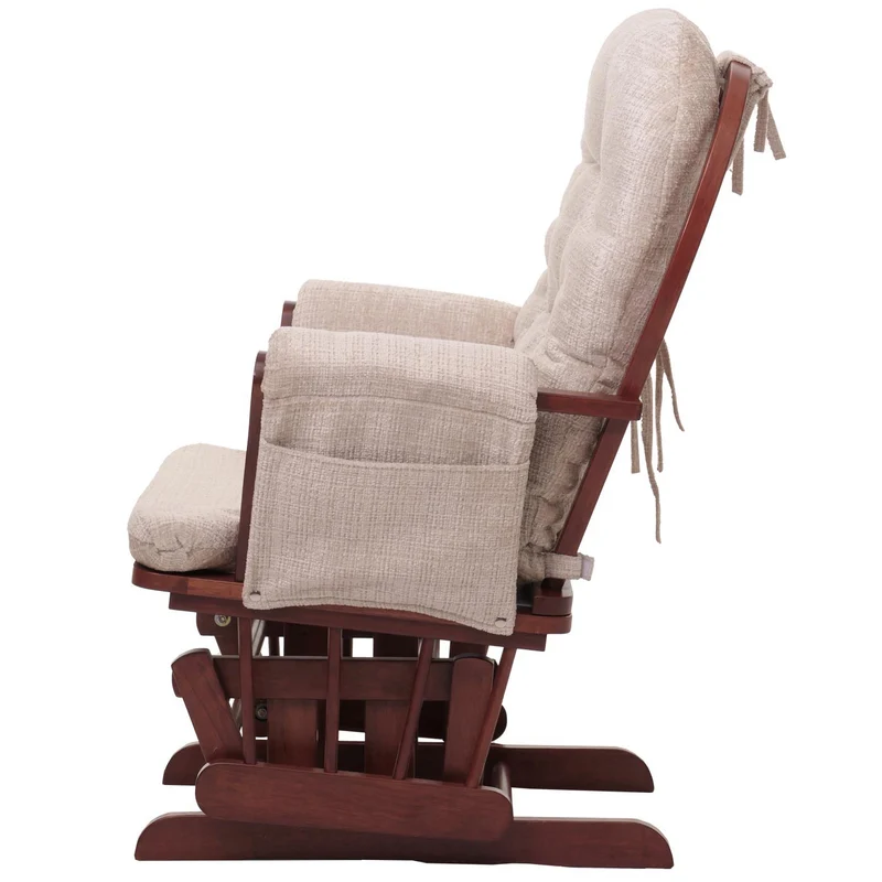 Fauteuil relax à bascule avec repose pieds confort rembourré poches latérales tissu chenille crème structure bois foncé 04_0009930