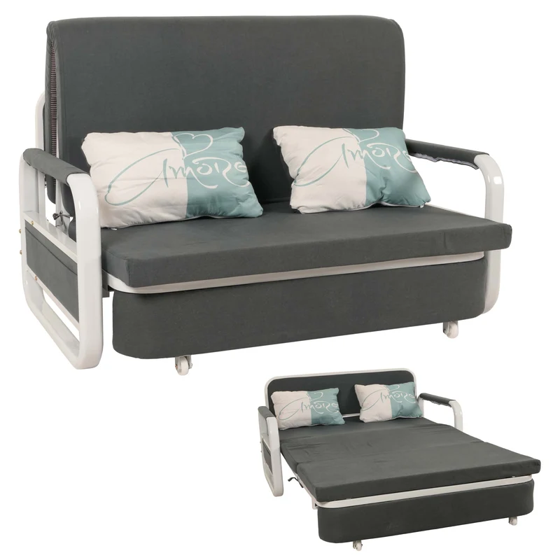Canapé convertible avec coffre de rangement roulettes accoudoirs coussins confort gain de place tissu gris foncé 04_0010095