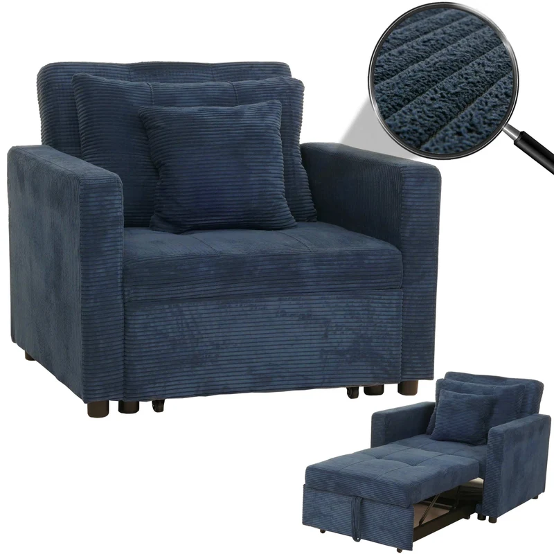 Fauteuil-lit lit d'appoint relaxation dossier réglable surface de couchage 197x100 cm tissu velours côtelé bleu 04_0006251