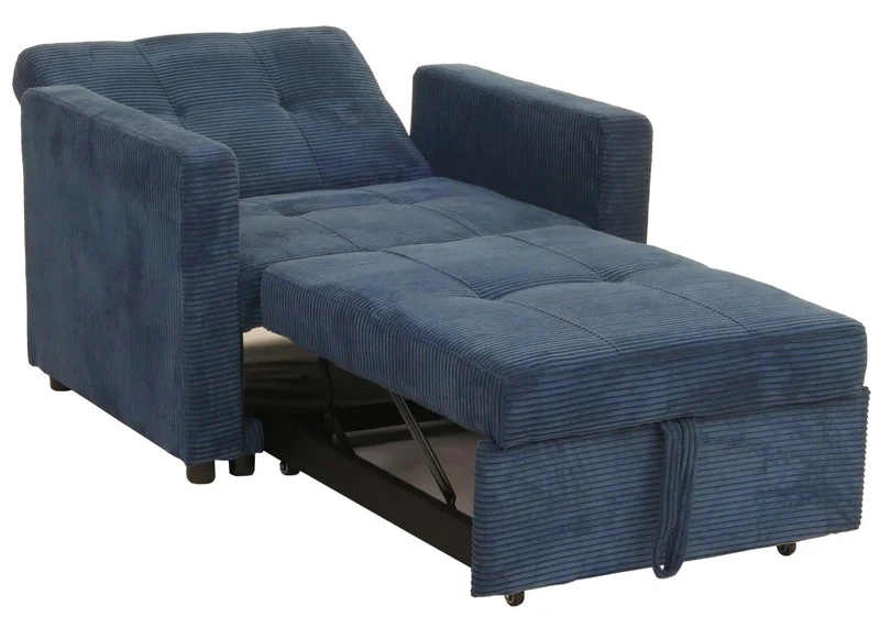 Fauteuil-lit lit d'appoint relaxation dossier réglable surface de couchage 197x100 cm tissu velours côtelé bleu 04_0006251