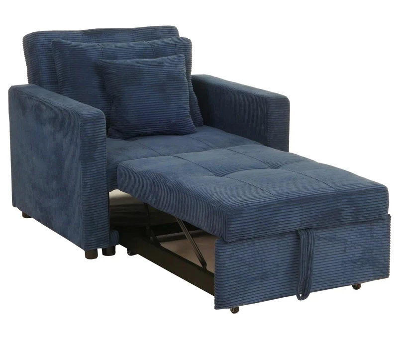 Fauteuil-lit lit d'appoint relaxation dossier réglable surface de couchage 197x100 cm tissu velours côtelé bleu 04_0006251