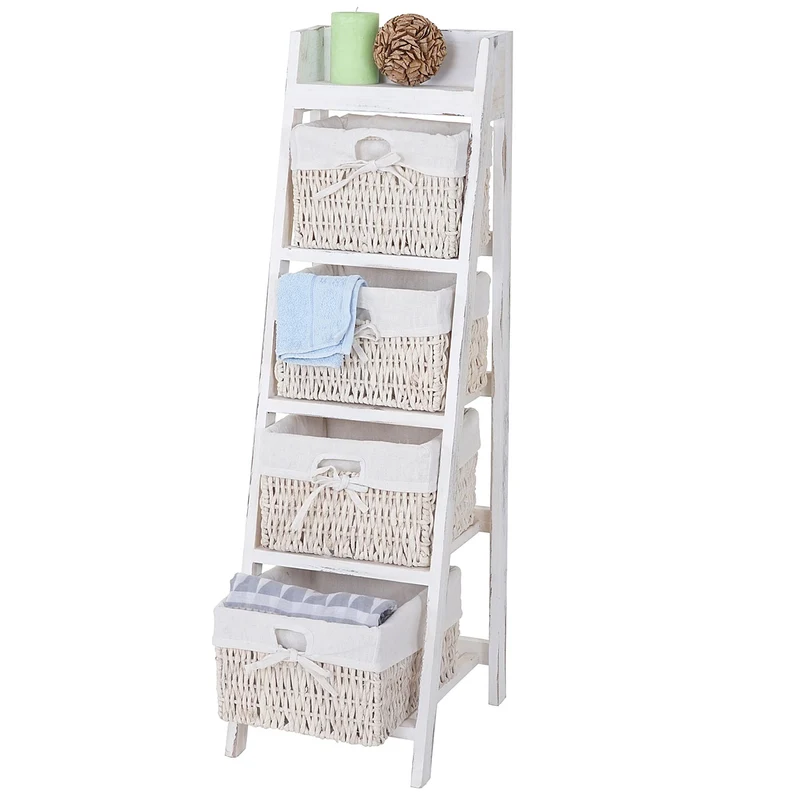 Étagère échelle avec 4 tiroirs panier 101x30cm style vintage en bois blanc 04_0002545