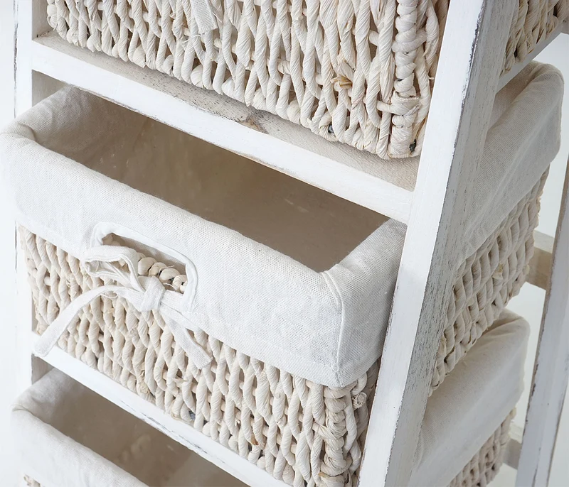 Étagère échelle avec 4 tiroirs panier 101x30cm style vintage en bois blanc 04_0002545