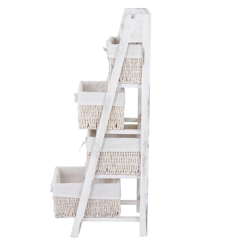 Étagère échelle avec 4 tiroirs panier 101x30cm style vintage en bois blanc 04_0002545