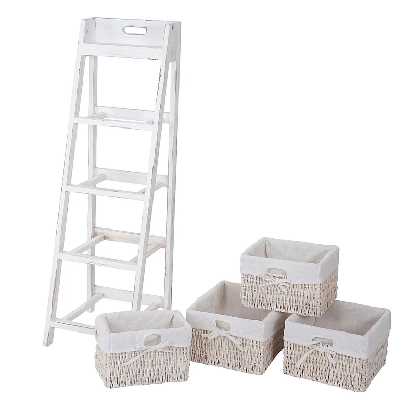 Étagère échelle avec 4 tiroirs panier 101x30cm style vintage en bois blanc 04_0002545