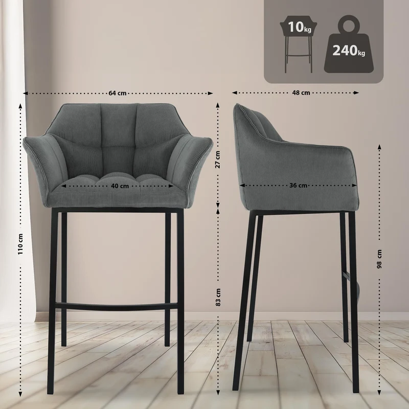 Tabouret de bar x1 assise enveloppante capitonnée en velours côtelé gris avec structure à 4 pieds en métal noir 10_0006123