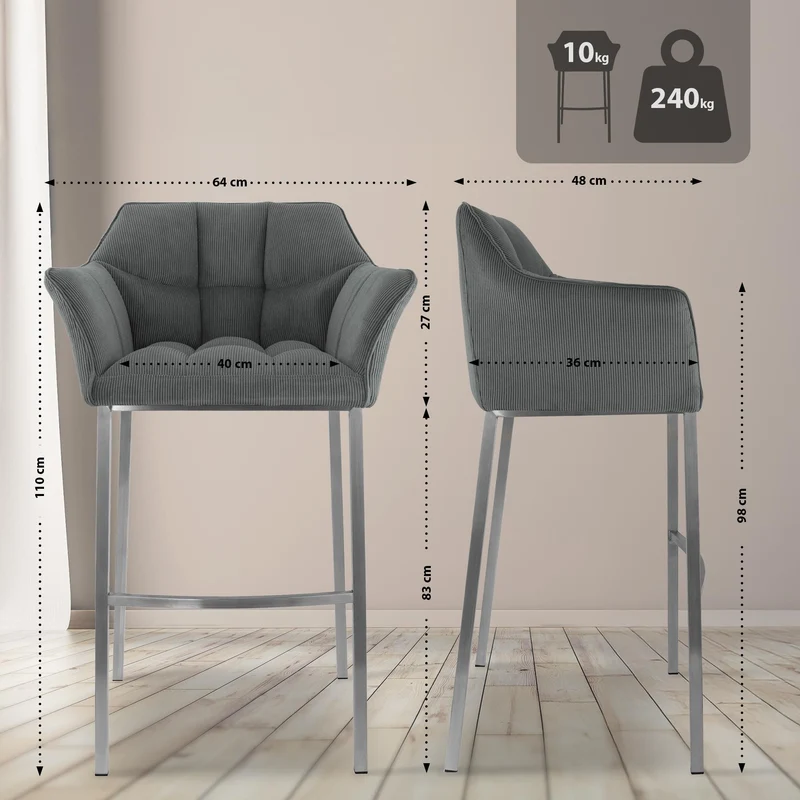 Tabouret de bar x1 assise enveloppante capitonnée en velours côtelé gris avec structure à 4 pieds en acier inoxydable 10_0006222