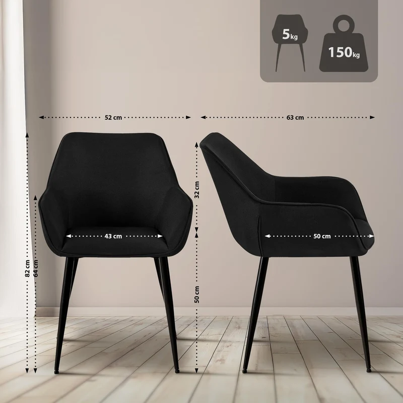 Lot de 2 chaises de salle à manger bureau salle d'attente en tissu noir et métal noir 10_0007419