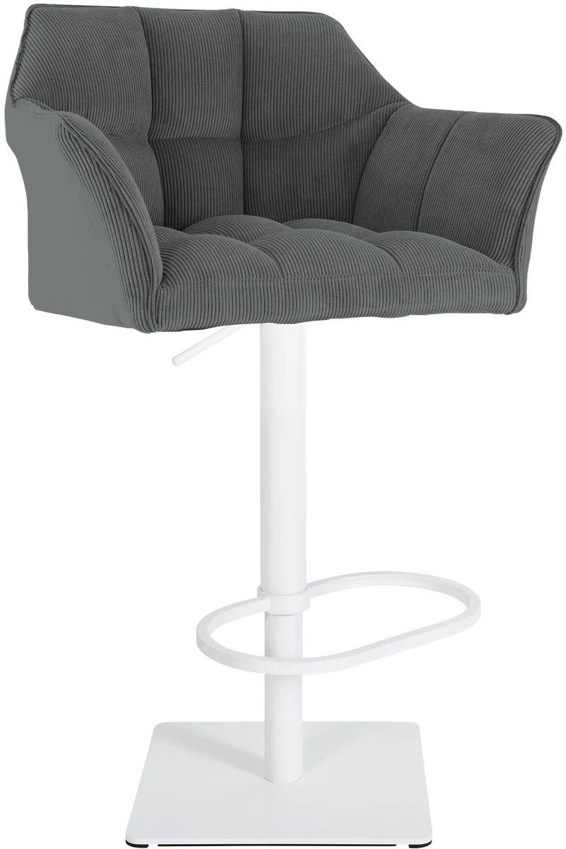 Tabouret de bar x1 réglable en velours côtelé gris assise enveloppante capitonnée avec base carrée en métal blanc 10_0006306