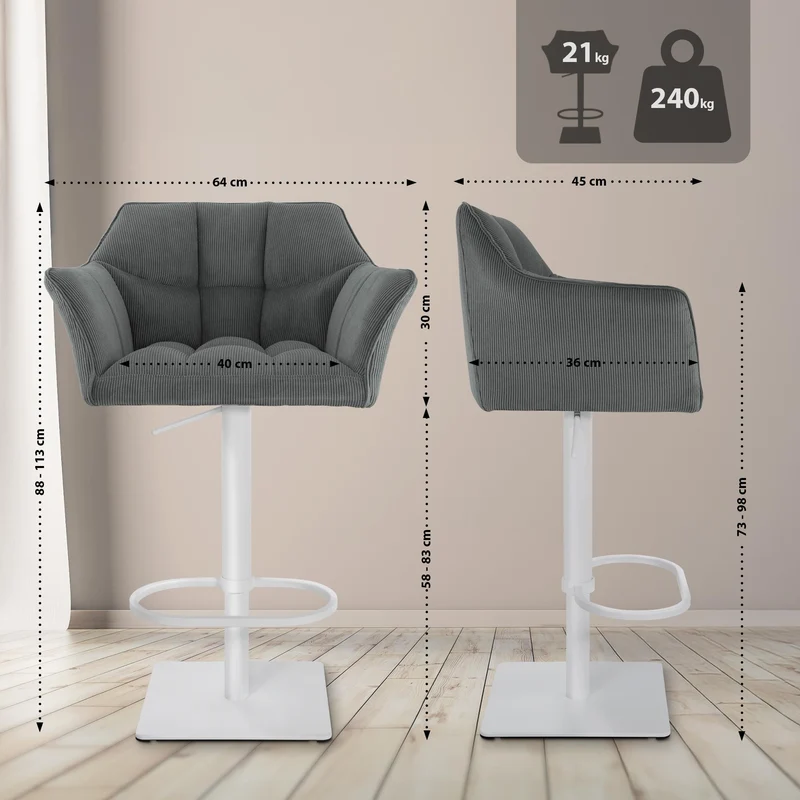 Tabouret de bar x1 réglable en velours côtelé gris assise enveloppante capitonnée avec base carrée en métal blanc 10_0006306