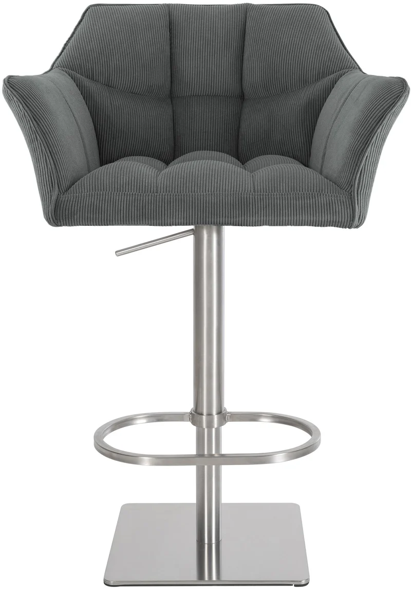 Tabouret de bar x1 réglable en velours côtelé gris assise enveloppante capitonnée et avec base carrée en acier inoxydable 10_0006125