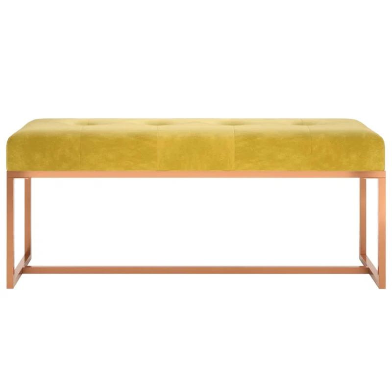 Banc banquette bout de lit design moderne 110 x 36 x 45 cm en velours jaune moutarde capitonné et métal doré DEC024813