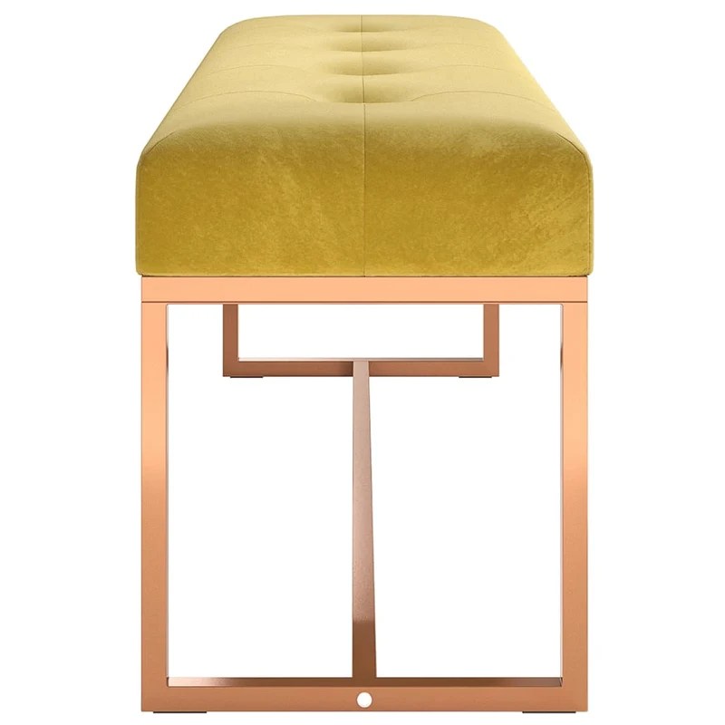 Banc banquette bout de lit design moderne 110 x 36 x 45 cm en velours jaune moutarde capitonné et métal doré DEC024813