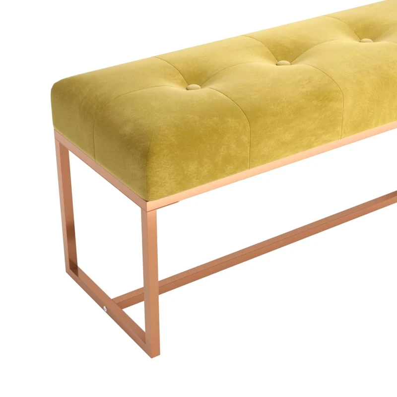 Banc banquette bout de lit design moderne 110 x 36 x 45 cm en velours jaune moutarde capitonné et métal doré DEC024813