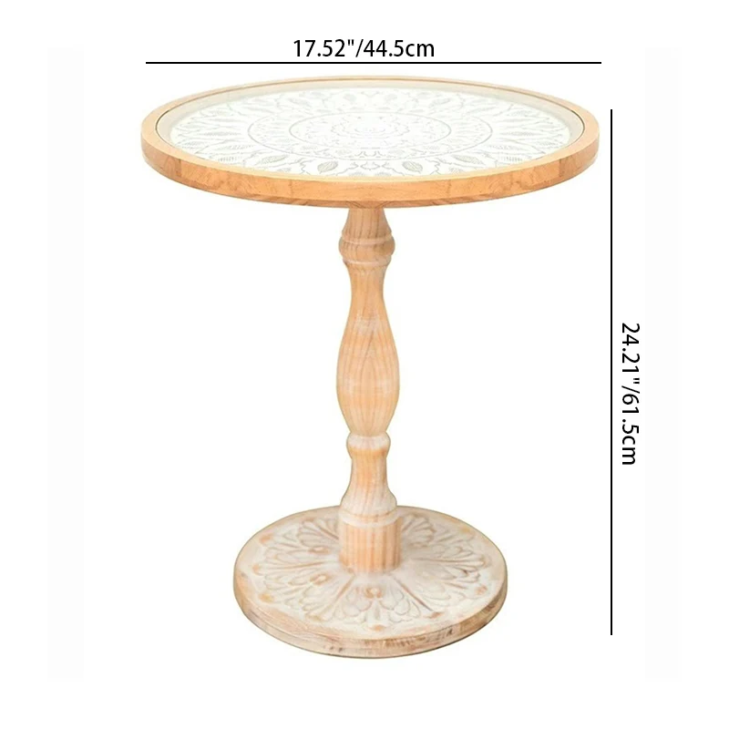 Traditional Vintage Round MDF Cedar Wood Glass Carved End Table For Living Room