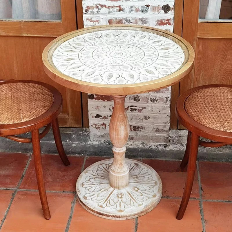 Traditional Vintage Round MDF Cedar Wood Glass Carved End Table For Living Room