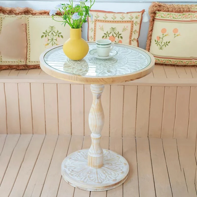 Traditional Vintage Round MDF Cedar Wood Glass Carved End Table For Living Room