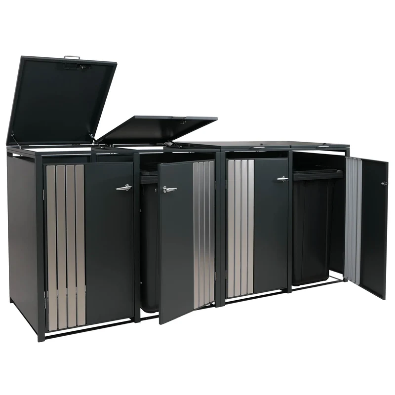 Cache poubelles 4 bacs avec couvercle abri poubelle extérieur en acier galvanisé anthracite 80 à 240L verrouillable 122x264x84 cm 04_0009341