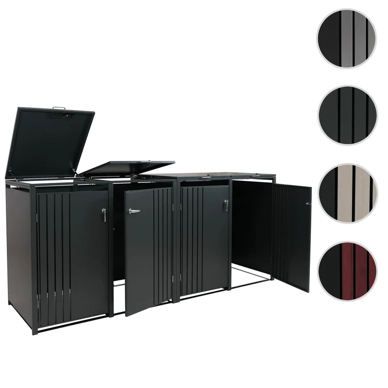 Cache poubelles 4 bacs avec couvercle abri poubelle extérieur en acier galvanisé anthracite 80 à 240L verrouillable 122x264x84 cm 04_0009341