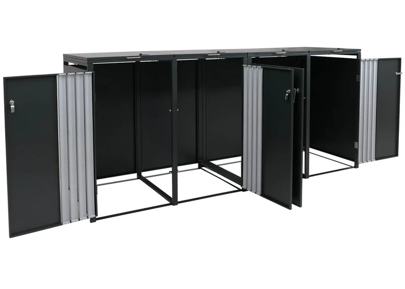 Cache poubelles 4 bacs avec couvercle abri poubelle extérieur en acier galvanisé anthracite 80 à 240L verrouillable 122x264x84 cm 04_0009341