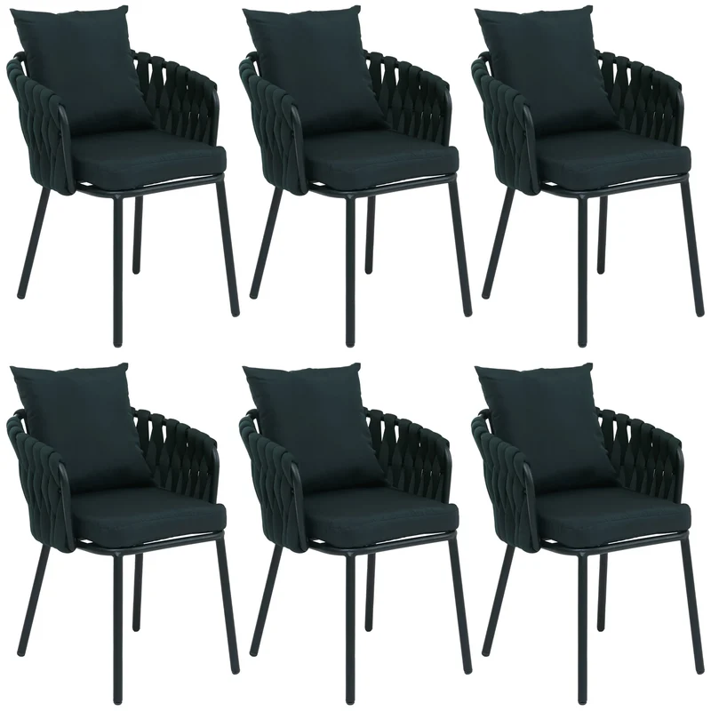 Lot de 6 chaises de salle à manger avec accoudoirs structure aluminium et tressage corde tissu vert foncé 04_0008725