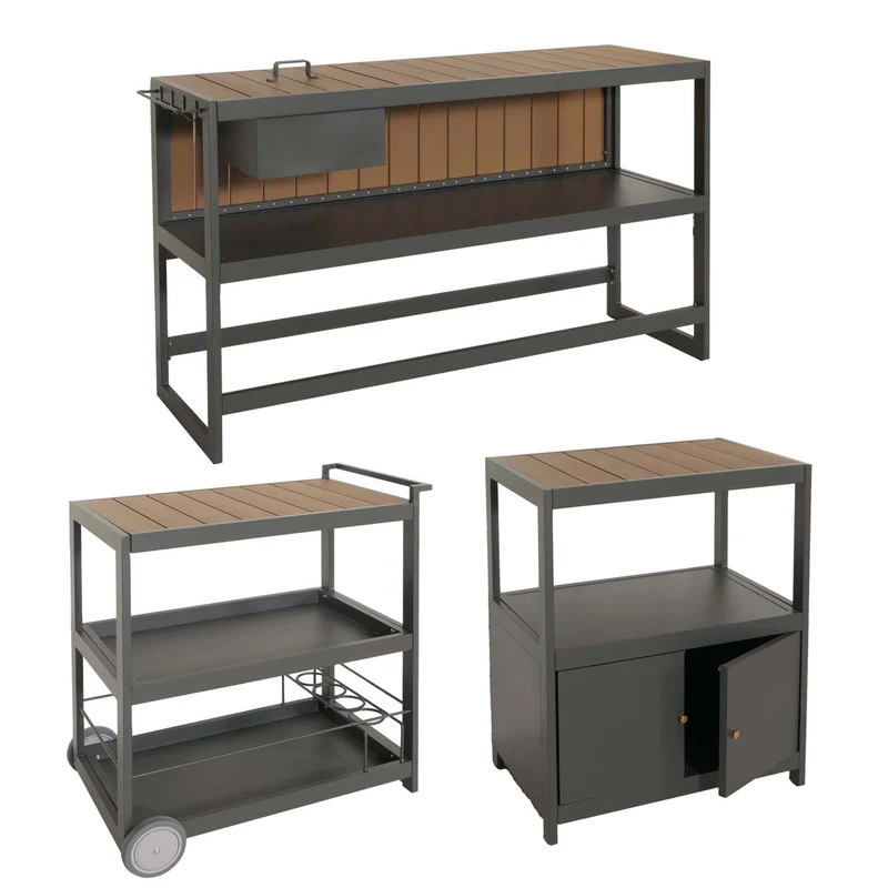 Lot de 3 éléments de cuisine extérieure modulables serviteur avec roulettes 97 x 296 x 50 cm en aluminium gris 04_0010146
