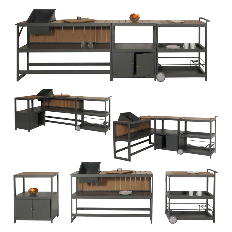Lot de 3 éléments de cuisine extérieure modulables serviteur avec roulettes 97 x 296 x 50 cm en aluminium gris 04_0010146