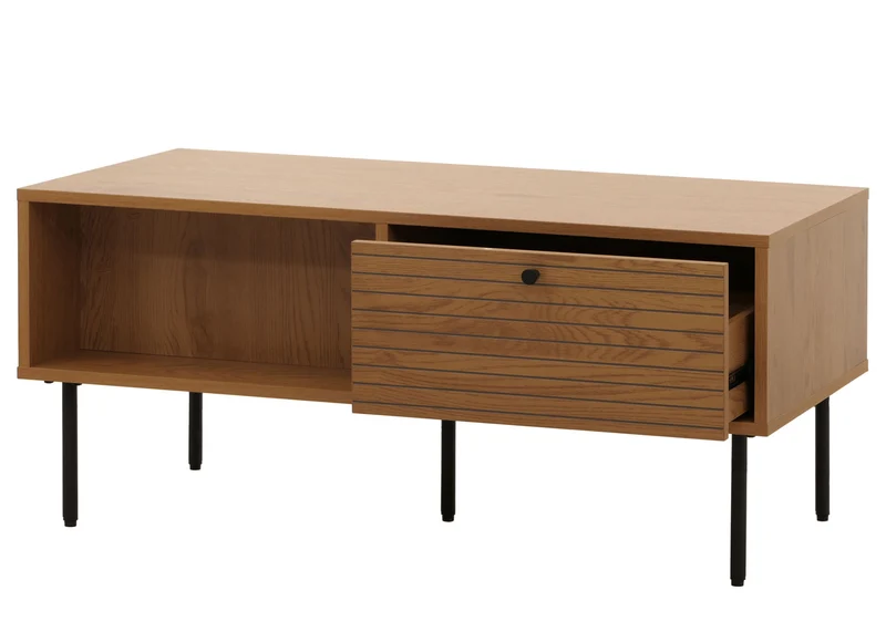 Table basse design scandinave avec tiroirs et rangements finition mélaminée résistante et métal 100x50 cm coloris naturel 04_0009766