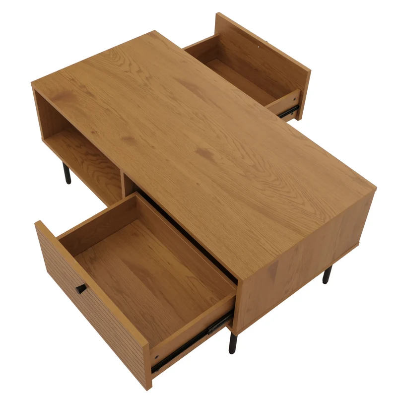 Table basse design scandinave avec tiroirs et rangements finition mélaminée résistante et métal 100x50 cm coloris naturel 04_0009766
