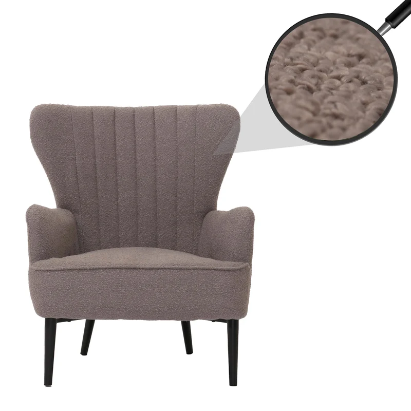 Fauteuil lounge design rétro avec accoudoirs assise large et rembourrage épais structure acier en tissu bouclé gris clair 04_0009993