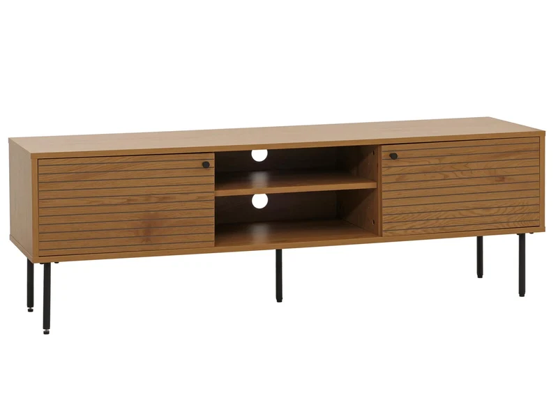 Meuble TV design scandinave avec rangements 6 compartiments passe-câbles intégré finition mélaminée résistante et métal 150 cm coloris naturel 04_0009779