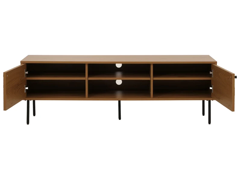 Meuble TV design scandinave avec rangements 6 compartiments passe-câbles intégré finition mélaminée résistante et métal 150 cm coloris naturel 04_0009779