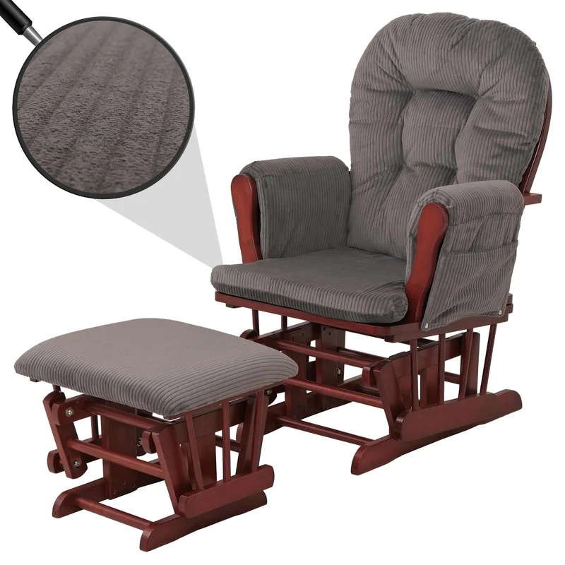 Fauteuil relax à bascule avec repose-pieds tissu velours côtelé gris foncé structure bois d’hévéa 04_0009673