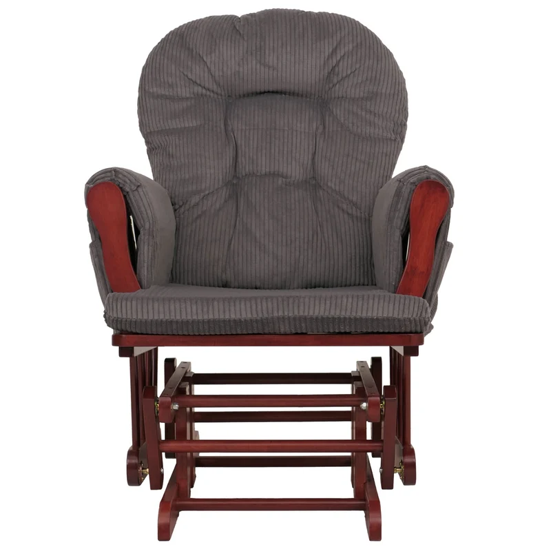 Fauteuil relax à bascule avec repose-pieds tissu velours côtelé gris foncé structure bois d’hévéa 04_0009673