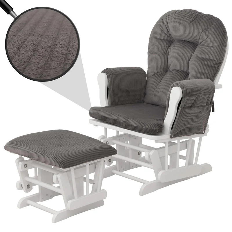 Fauteuil relax à bascule avec repose-pieds fauteuil lounge en tissu velours côtelé gris foncé structure bois massif blanche 04_0009667