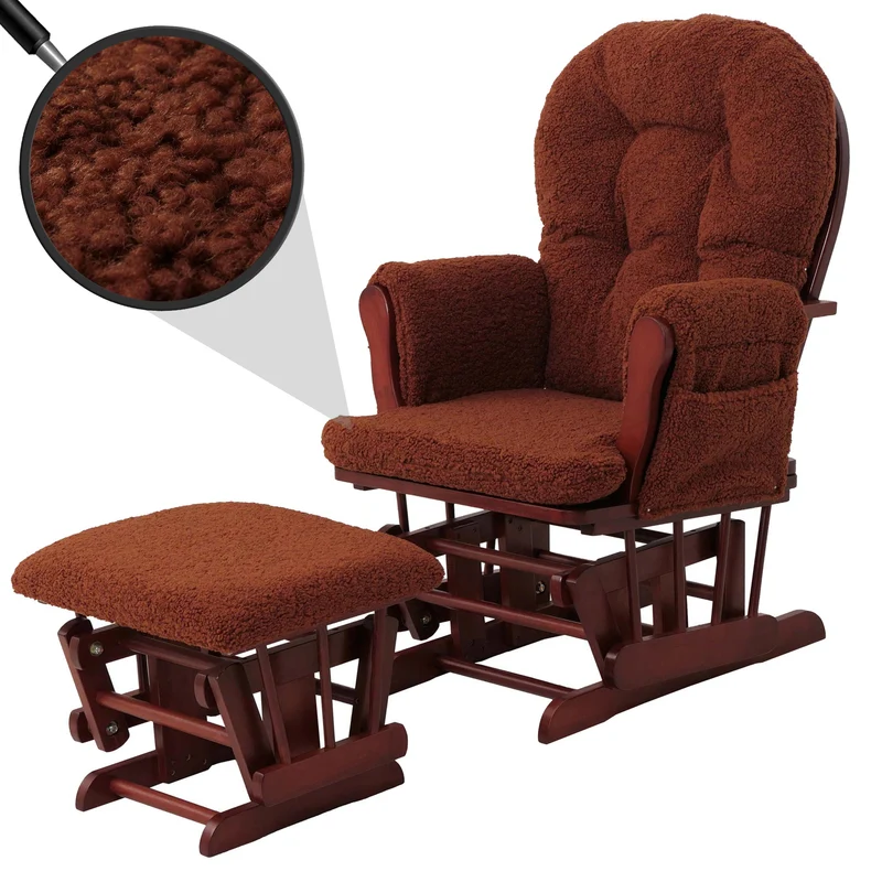 Fauteuil relax à bascule rembourrage épais avec repose-pieds en tissu bouclé marron rouille structure bois massif foncée 04_0009684
