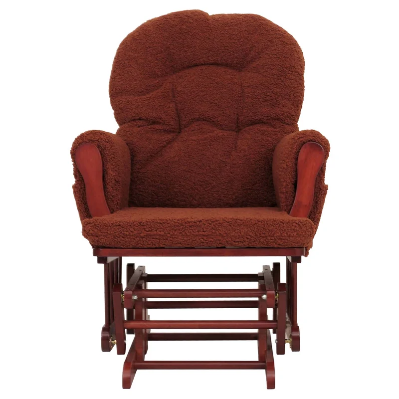 Fauteuil relax à bascule rembourrage épais avec repose-pieds en tissu bouclé marron rouille structure bois massif foncée 04_0009684