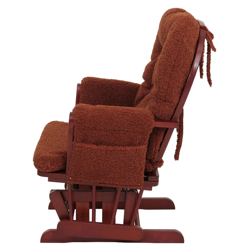 Fauteuil relax à bascule rembourrage épais avec repose-pieds en tissu bouclé marron rouille structure bois massif foncée 04_0009684