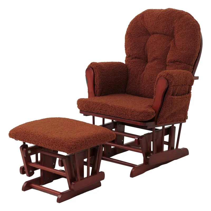 Fauteuil relax à bascule rembourrage épais avec repose-pieds en tissu bouclé marron rouille structure bois massif foncée 04_0009684