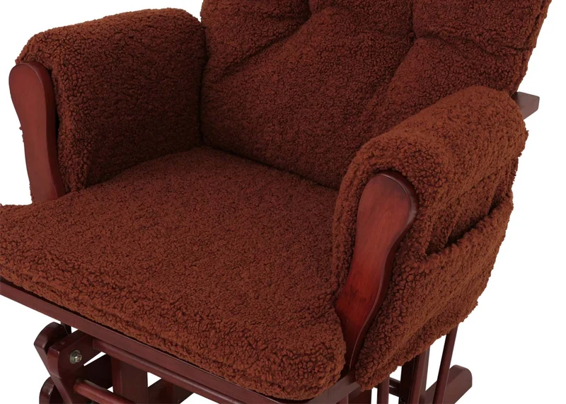 Fauteuil relax à bascule rembourrage épais avec repose-pieds en tissu bouclé marron rouille structure bois massif foncée 04_0009684