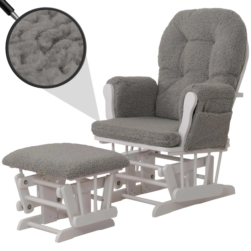 Fauteuil relax à bascule rembourrage épais avec repose-pieds en tissu bouclé gris structure bois massif blanche 04_0009679