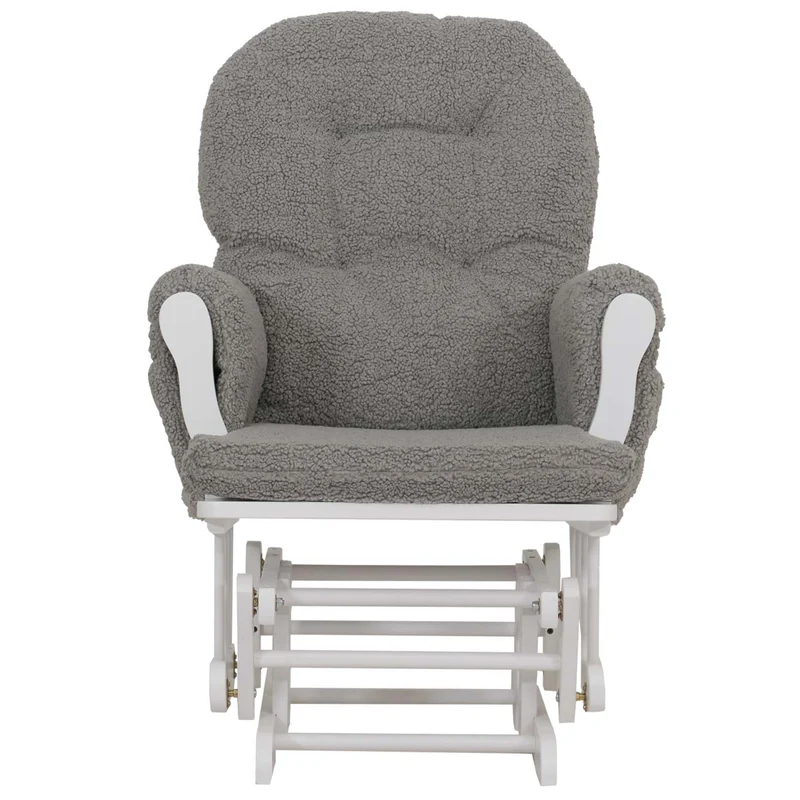 Fauteuil relax à bascule rembourrage épais avec repose-pieds en tissu bouclé gris structure bois massif blanche 04_0009679