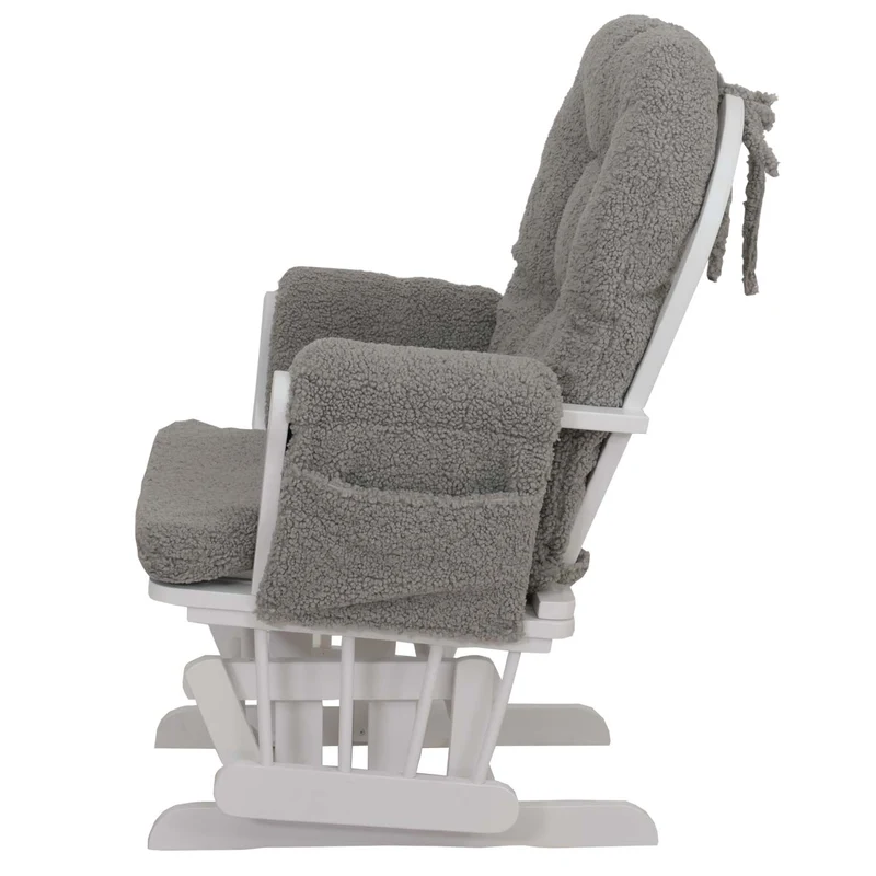 Fauteuil relax à bascule rembourrage épais avec repose-pieds en tissu bouclé gris structure bois massif blanche 04_0009679