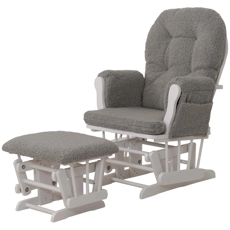 Fauteuil relax à bascule rembourrage épais avec repose-pieds en tissu bouclé gris structure bois massif blanche 04_0009679