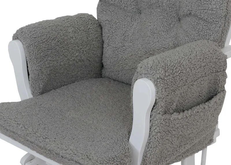 Fauteuil relax à bascule rembourrage épais avec repose-pieds en tissu bouclé gris structure bois massif blanche 04_0009679