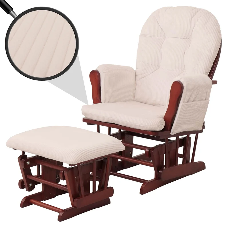 Fauteuil relax à bascule rembourrage confortable avec repose-pieds en velours côtelé crème structure bois massif foncée 04_0009677