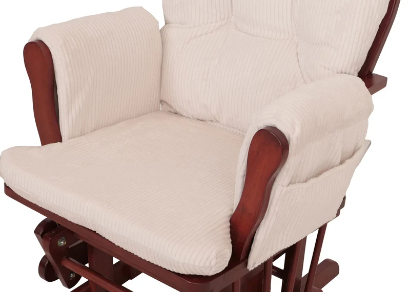 Fauteuil relax à bascule rembourrage confortable avec repose-pieds en velours côtelé crème structure bois massif foncée 04_0009677