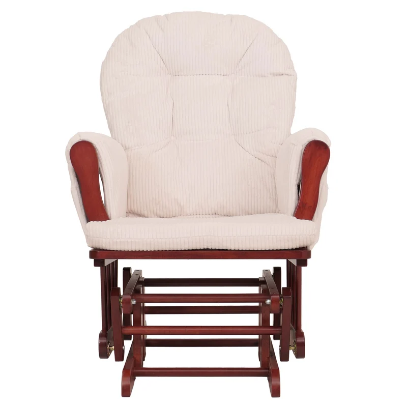 Fauteuil relax à bascule rembourrage confortable avec repose-pieds en velours côtelé crème structure bois massif foncée 04_0009677