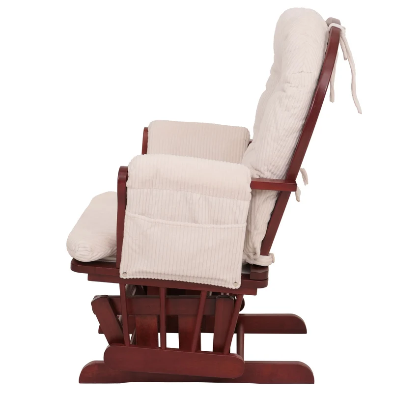 Fauteuil relax à bascule rembourrage confortable avec repose-pieds en velours côtelé crème structure bois massif foncée 04_0009677