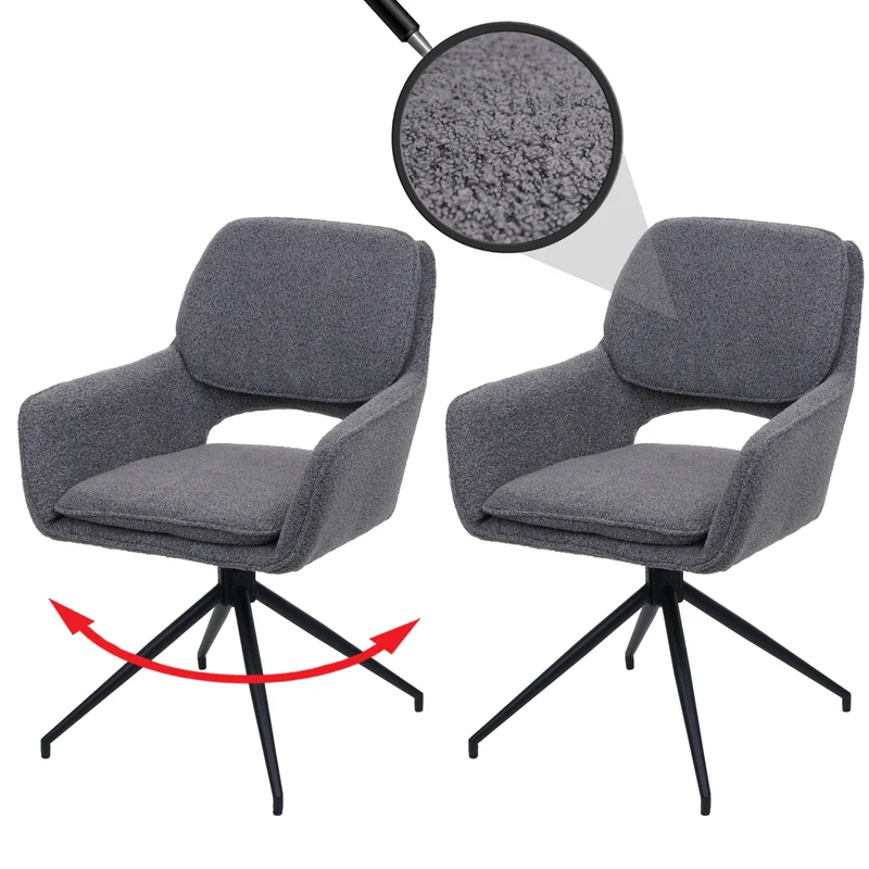 Lot de 2 chaises de salle à manger pivotante 180° avec retour automatique tissu bouclé gris piètement en forme de trépied fer noir 04_0009970